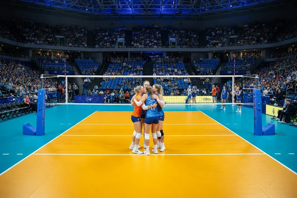 De Nederlandse volleybalsters vieren de winst op Slovenië en plaatsing voor de kwartfinales van het EK