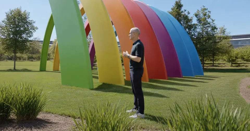 Tim Cook bij een kunstwerk op het terrein van Apple