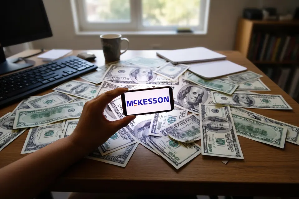 Beeld van een telefoon met het McKesson-logo tussen Amerikaanse dollarbiljetten