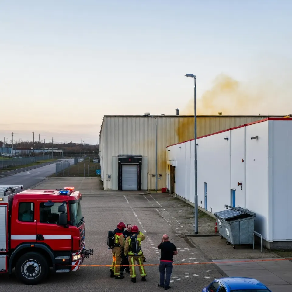 Brandweer bij een metaalbedrijf in Eindhoven waar gele rookwolken vrijkomen
