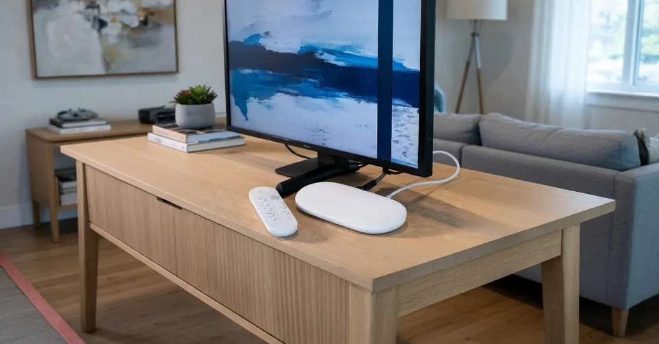 De Google TV Streamer en afstandsbediening naast een televisie