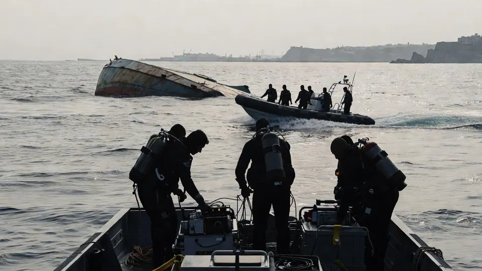 Turks diepzeeteam zoekt vanaf een boot naar vermisten na het kapseizen van een veerboot bij Noord-Cyprus