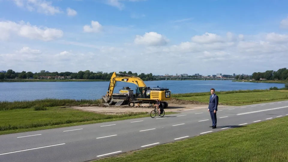 Man langs een weg met een graafmachine en fietser op de achtergrond