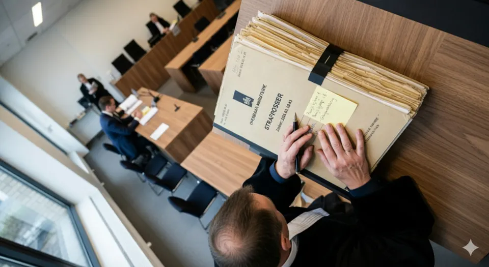 Dossiermappen op tafel tijdens een zitting in de rechtbank