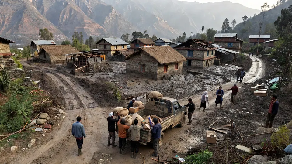 Inwoners van het Nepalese bergdorp Betrawati verdelen noodhulp tussen huizen en dikke lagen modder