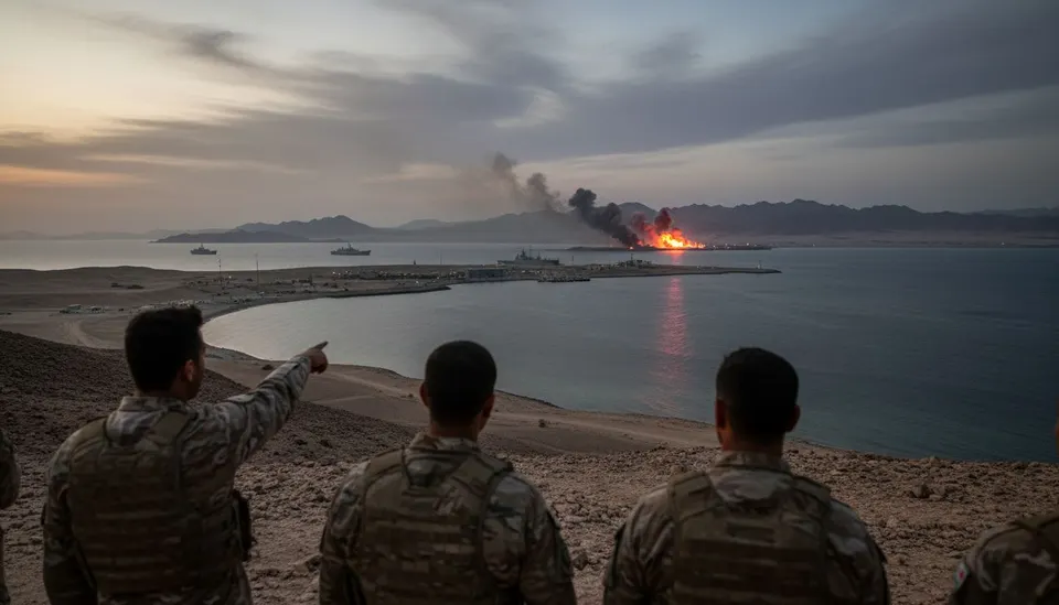Iraanse militairen kijken uit over een brandende locatie bij de Straat van Hormuz