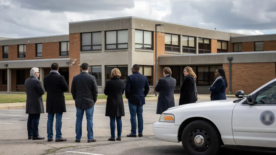 Mensen staan voor een school in Kansas City, waar de Amerikaanse regering een schooldistrict aanklaagt