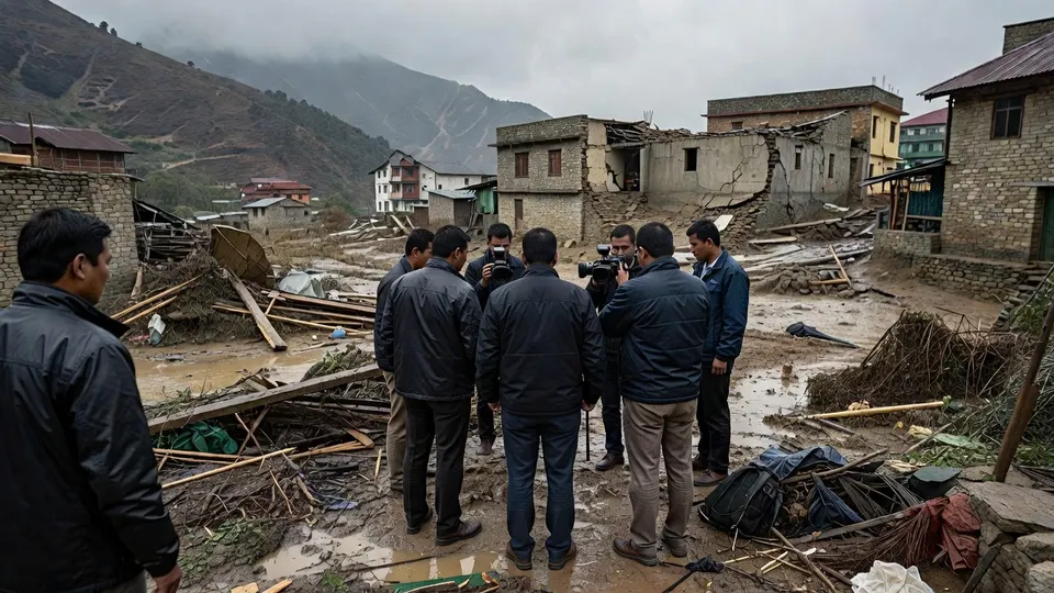 Reddingswerkers bekijken de schade na overstromingen in Nepal