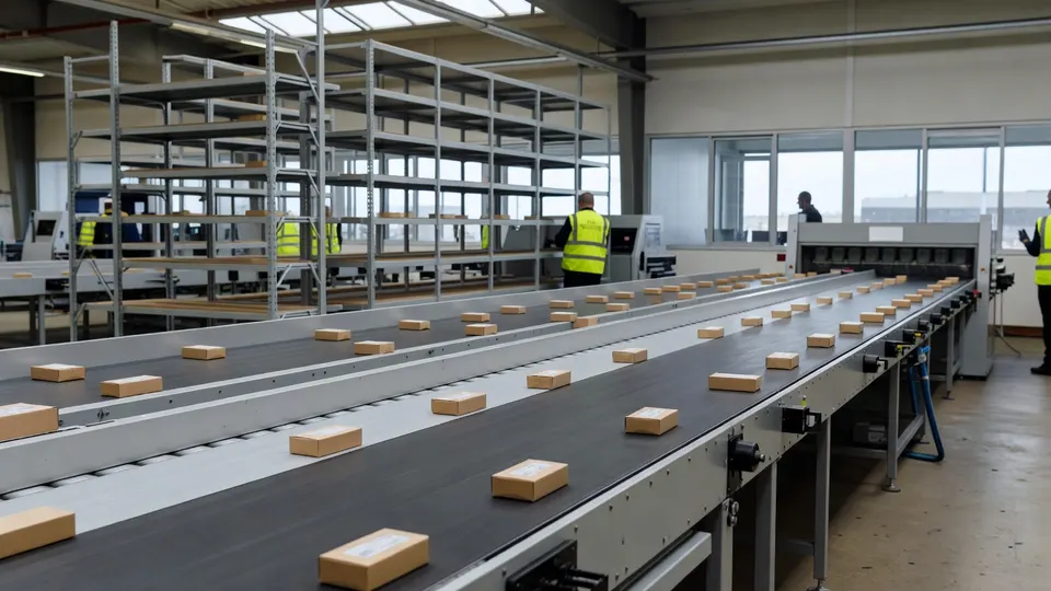 Sorteerband met kleine pakketten in een distributiecentrum