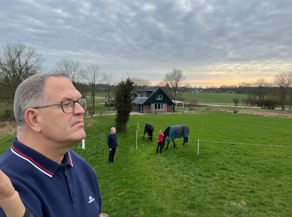 Richard K. staat op een weiland bij de woning in Weiteveen