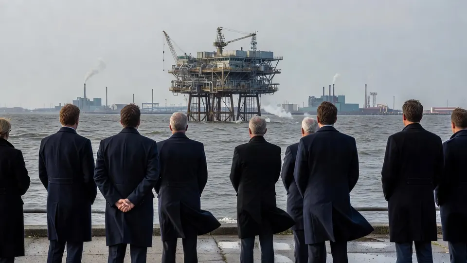 Mensen kijken uit over de Noordzee naar een offshoreplatform bij de Rotterdamse industrie