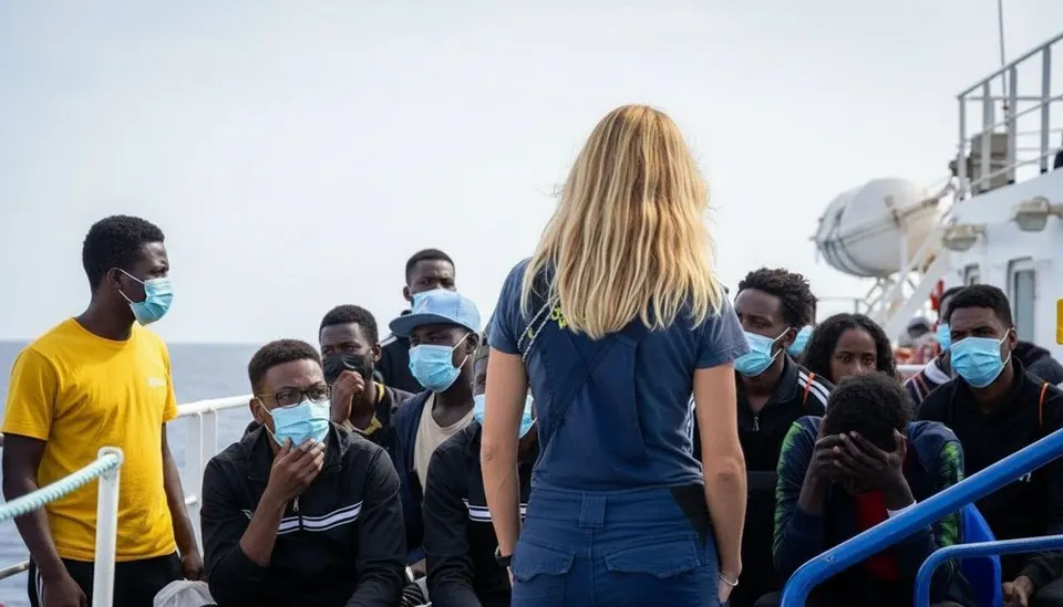 Asielzoekers aan boord van een schip, met een hulpverlener tussen de groep