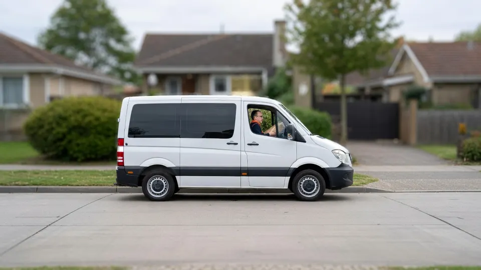 Bestelbus rijdt door een woonwijk na herstel van de bezorging voor Bol, Bijenkorf en Ace & Tate