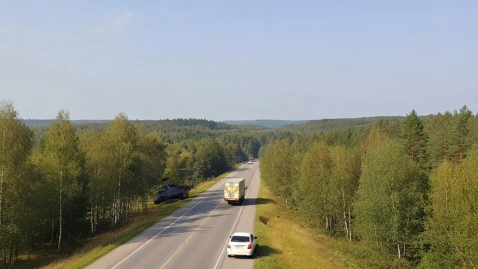 Verkeer op een snelweg in Rusland, waar een Russische helikopter een noodlanding maakte