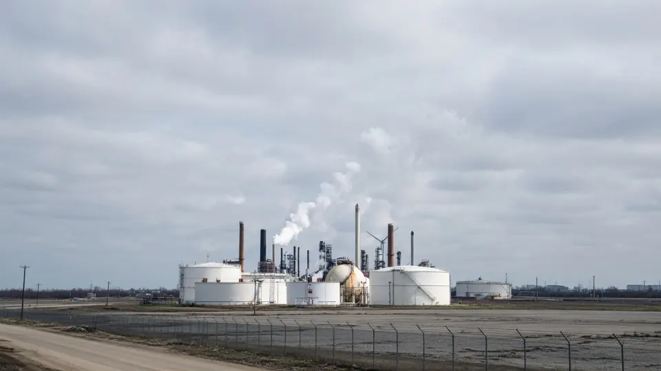 Een industrieel complex met opslagtanks en rokende schoorstenen