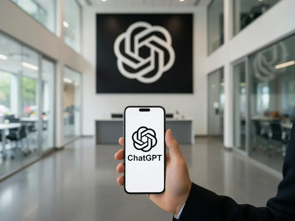 ChatGPT op een smartphone, met het OpenAI-logo op de achtergrond