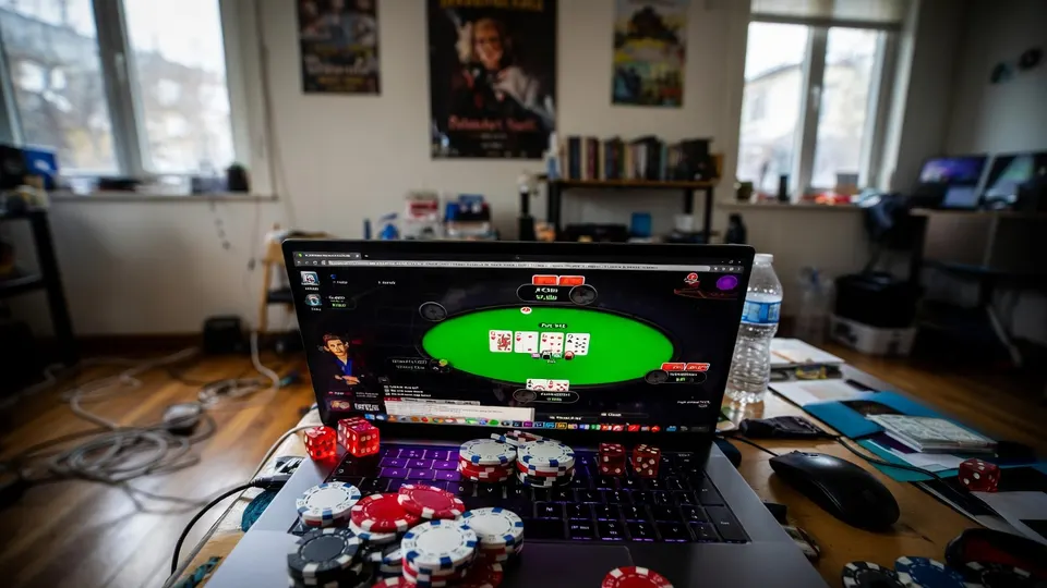 Laptop toont een online pokerspel, met fiches en dobbelstenen op tafel