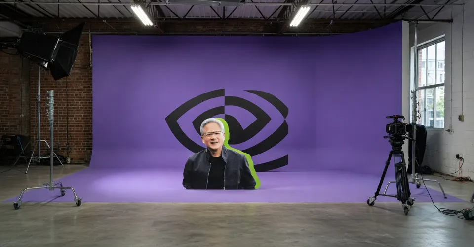 Nvidia-topman Jensen Huang voor het Nvidia-logo in een studio
