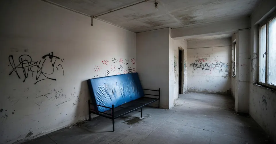 Leegstaand gebouw met graffiti en een zitbank