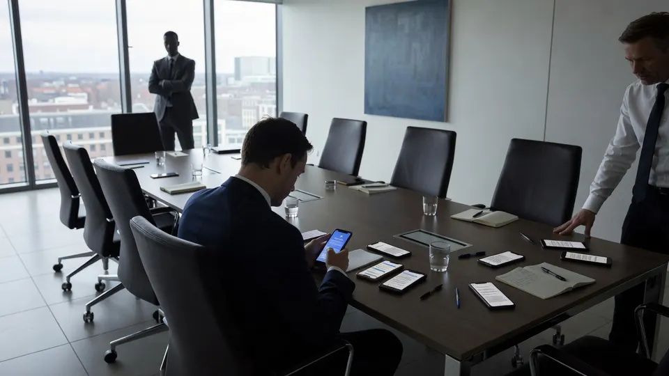 Drie mannen in een vergaderruimte, van wie één op een telefoon kijkt