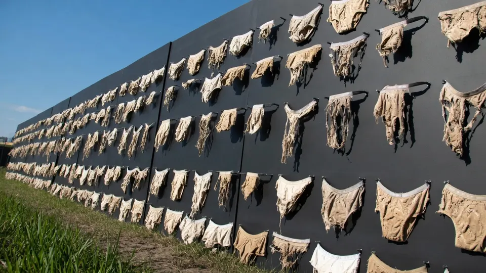 Duizenden katoenen onderbroeken hangen aan een wand voor onderzoek naar bodemorganismen