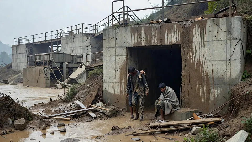 De twee overlevenden worden bij de tunnel van waterkrachtcentrale Trishuli-3 in Nepal opgevangen
