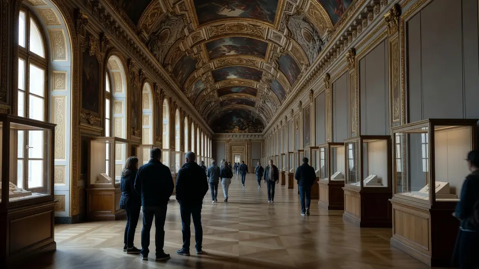 Bezoekers in de opnieuw geopende Apollo-galerij van het Louvre zonder vitrines met kroonjuwelen