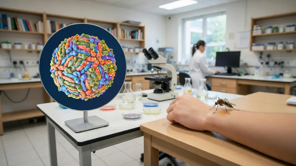 Illustratie van een mug en het westnijlvirus in een laboratorium