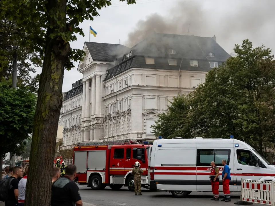 Brandweer staat bij een rokend gebouw met een Oekraïense vlag