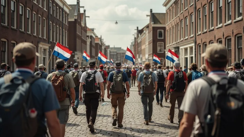 Wandelaars met Nederlandse vlaggen tijdens de Vierdaagse in Nijmegen