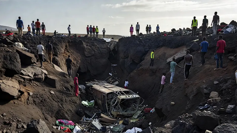 Reddingswerkers en omstanders bij de verongelukte bus in een ravijn op het Kaapverdische eiland Fogo
