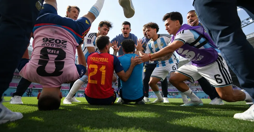 Spelers van Spanje en Argentinië raken na de WK-finale met elkaar in een opstootje