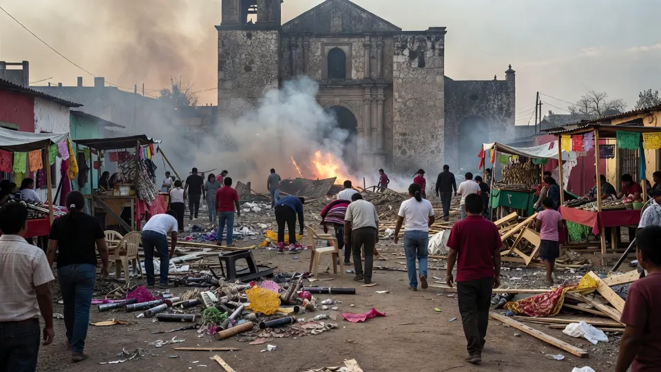 Ravage en brandende resten na een vuurwerkexplosie bij een kerk in Santa María Canchesda