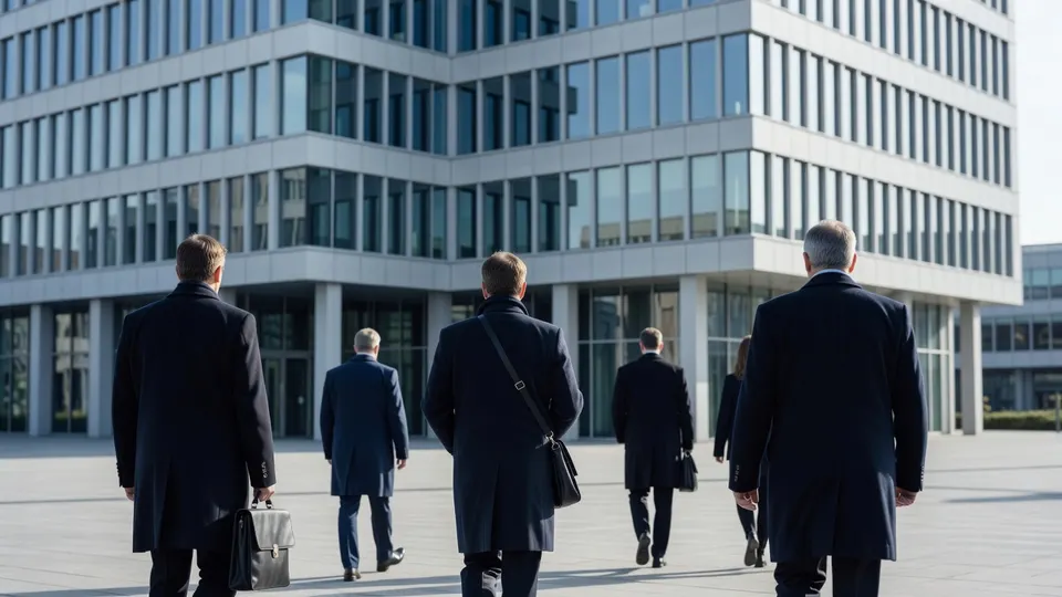 Mensen lopen naar een modern kantoorgebouw