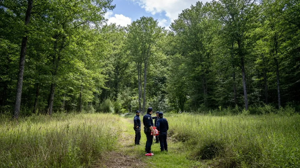 Politie doorzoekt een bosgebied bij Overasselt na de vondst van meerdere vuurwapens
