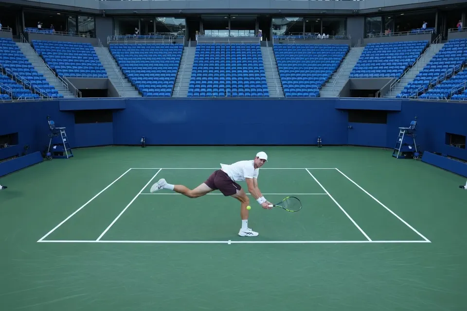 Botic van de Zandschulp in actie op de tennisbaan tijdens de US Open