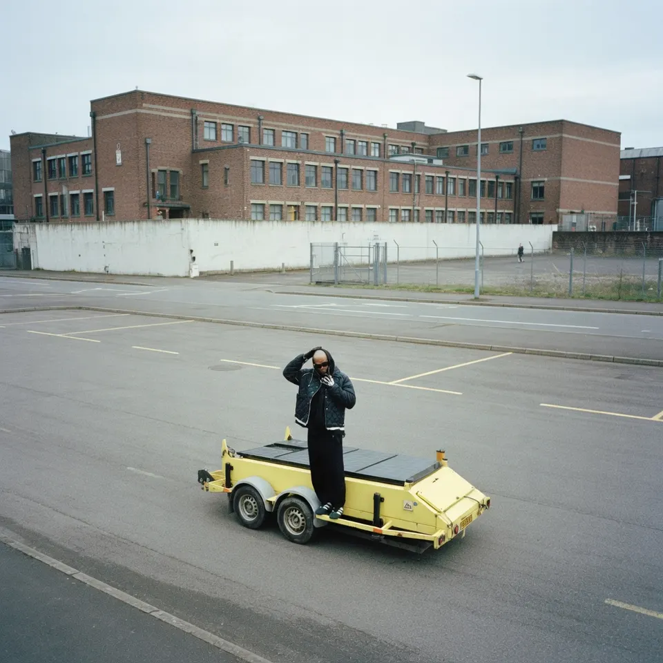 Sef rijdt op een elektrisch voertuig over een parkeerterrein