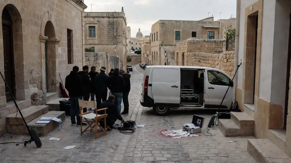 Filmploeg op straat in Malta na het stilleggen van de opnames van De Bevers: Alles voor de fans