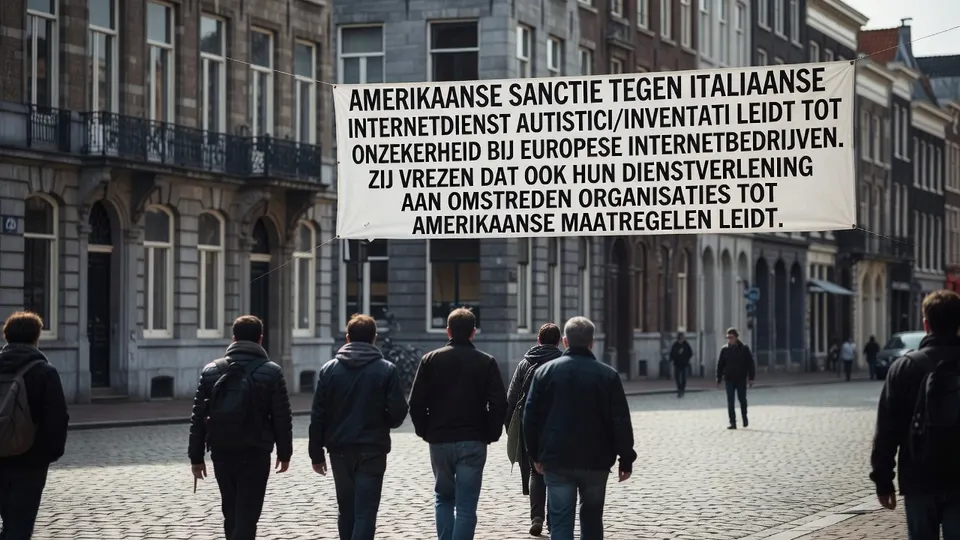 Betogers lopen langs een spandoek over Amerikaanse sancties tegen de Italiaanse internetdienst Autistici/Inventati