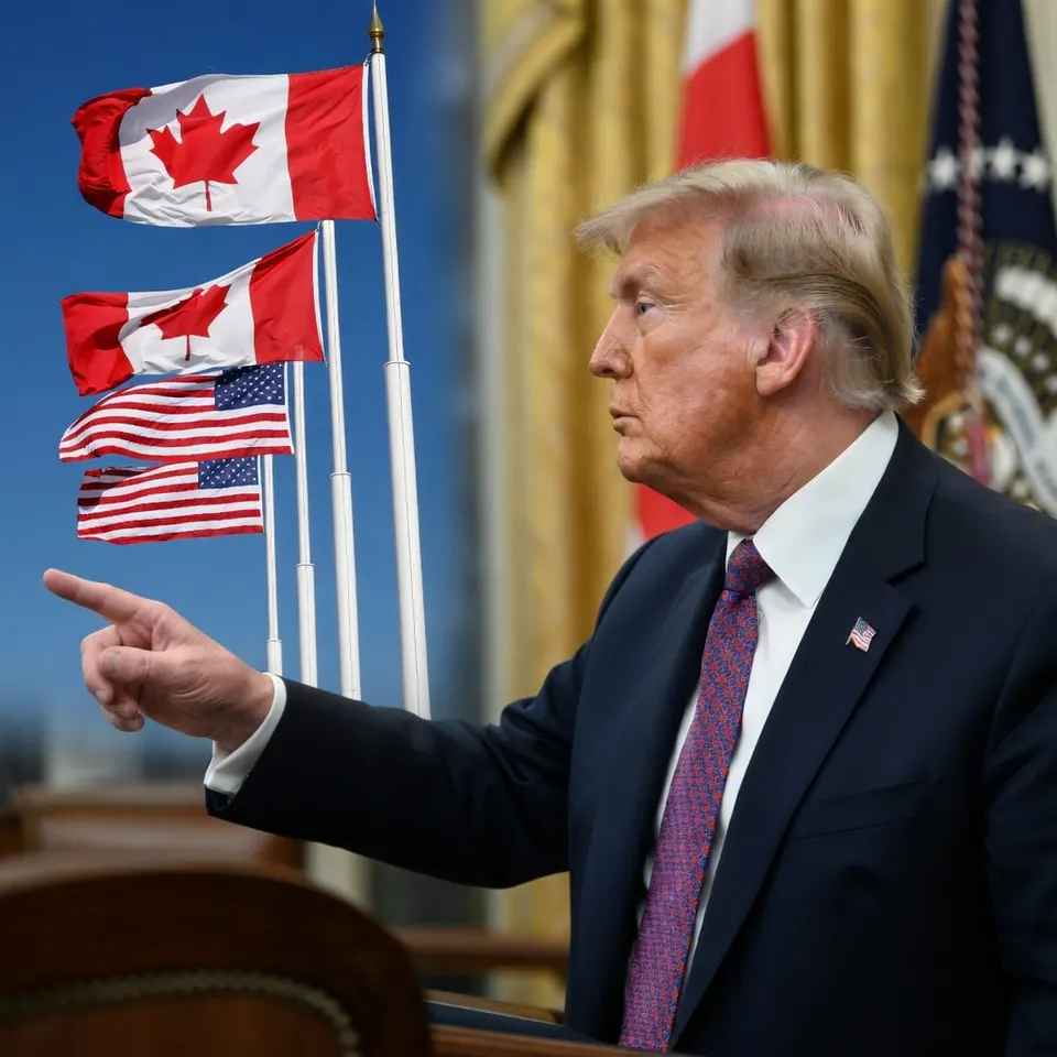 Donald Trump wijst naar Canadese en Amerikaanse vlaggen tijdens het handelsconflict