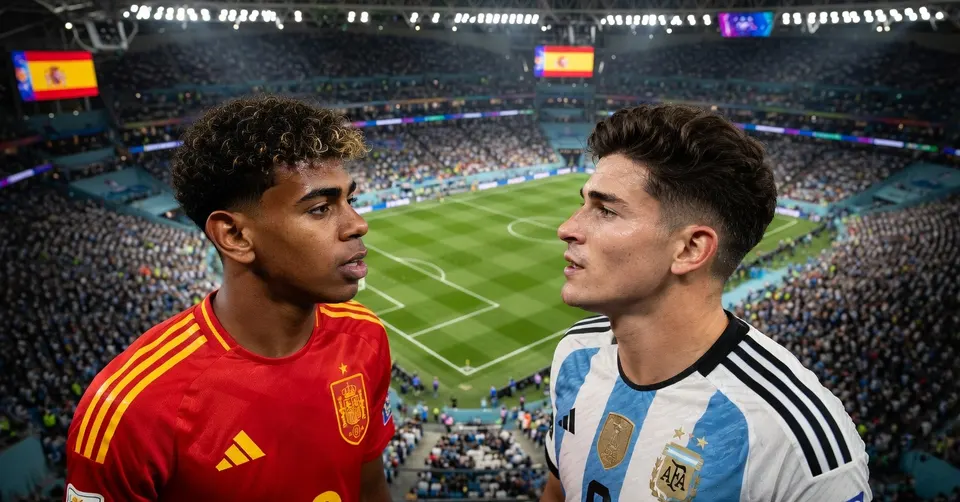 Lamine Yamal en een Argentijnse speler staan tegenover elkaar in het stadion voor de WK-finale