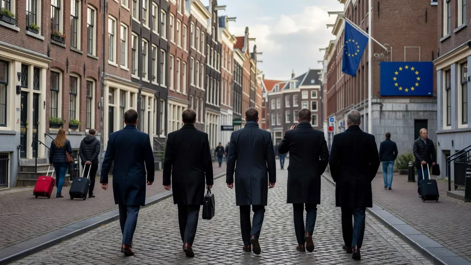 Mensen lopen langs EU-vlaggen in een Europese stad