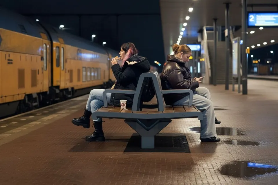 Reizigers wachten op een perron naast een stilstaande trein
