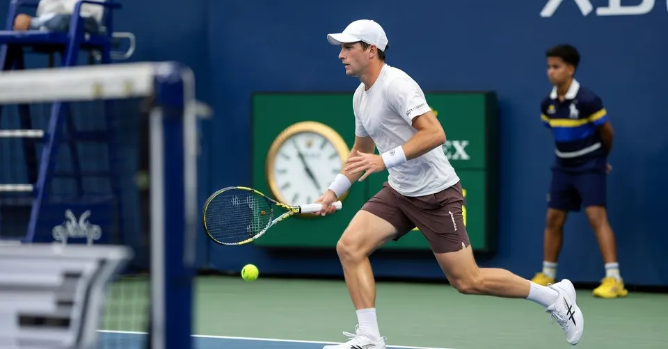 Botic van de Zandschulp in actie tijdens de kwartfinale van de US Open