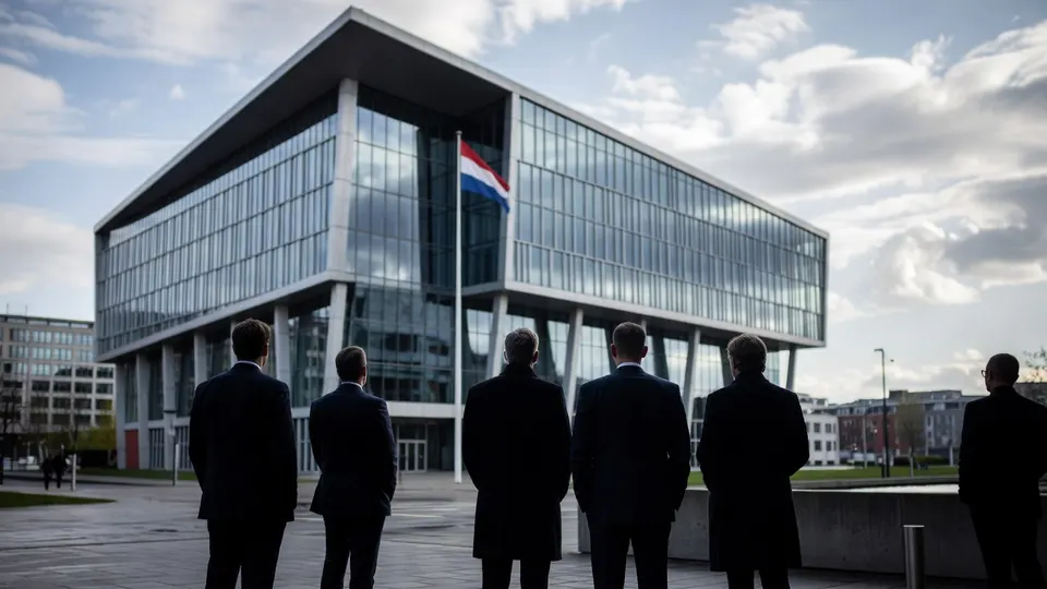 Mensen voor een gebouw van Defensie