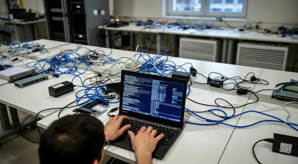 Een laptop in een ruimte met netwerkkabels, illustratief voor de cyberaanval op logistiek dienstverlener CEVA Logistics