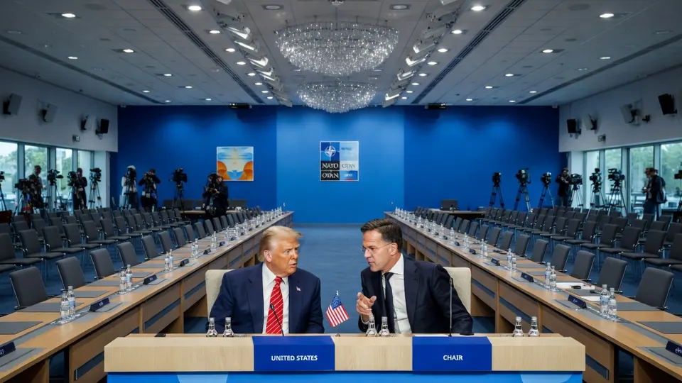 Donald Trump en NAVO-secretaris-generaal Mark Rutte tijdens een NAVO-bijeenkomst