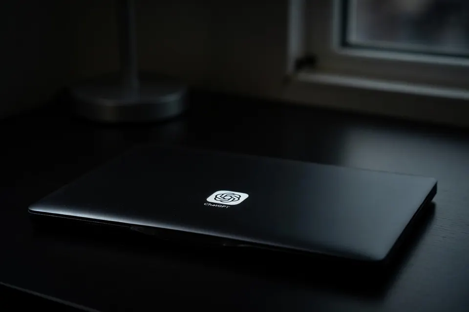 Een gesloten laptop met het OpenAI-logo op een bureau