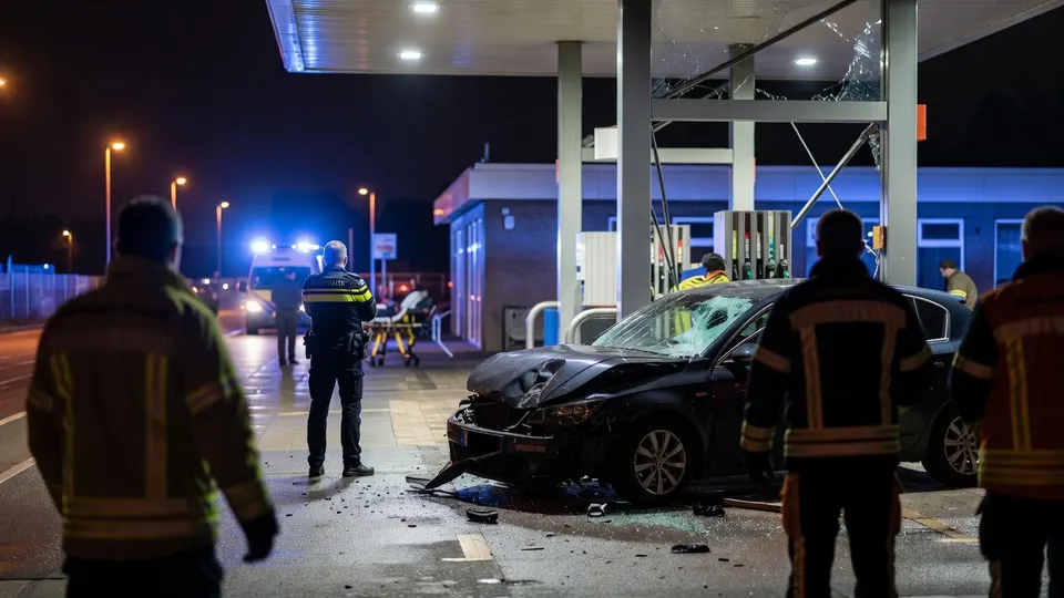 Hulpdiensten bij de auto die tegen een tankstation in Hoorn botste