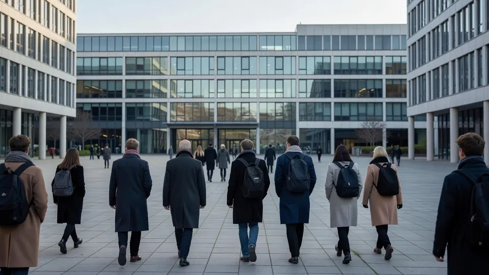 Studenten lopen over een plein tussen gebouwen van een onderwijsinstelling